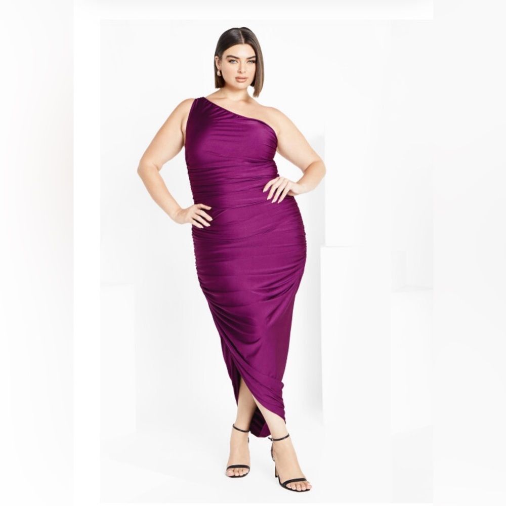 NWT City Chic One Shoulder Ruched Magenta Dress Plus Fitted Bodycon Sz L (20)